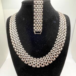 Vintage Unsigned Silver Tone Multi Row Panther Link Necklace Bracelet Set